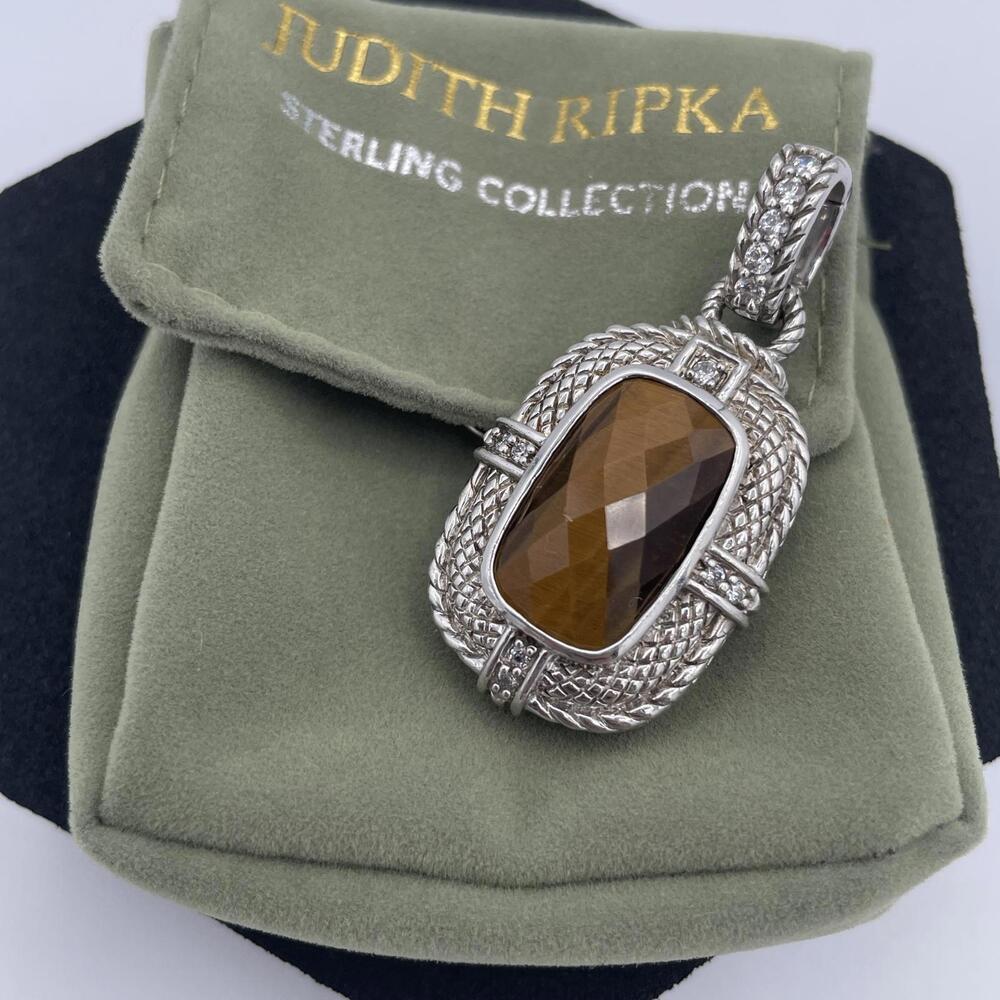 Judith Ripka Tiger’s Eye and CZ Enhancer Pendant Sterling Silver 925 Thailand - Picture 2 of 10